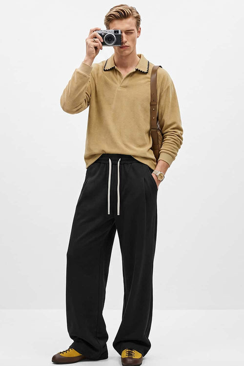Heavyweight Textured Open-Collar Sweatshirt in Apricot Khaki - full-length front modeled view