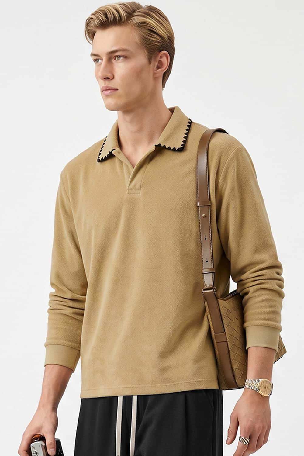 Heavyweight Textured Open-Collar Sweatshirt in Apricot Khaki - three-quarter front modeled view