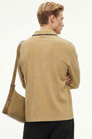 Heavyweight Textured Open-Collar Sweatshirt in Apricot Khaki - rear three-quarter modeled view