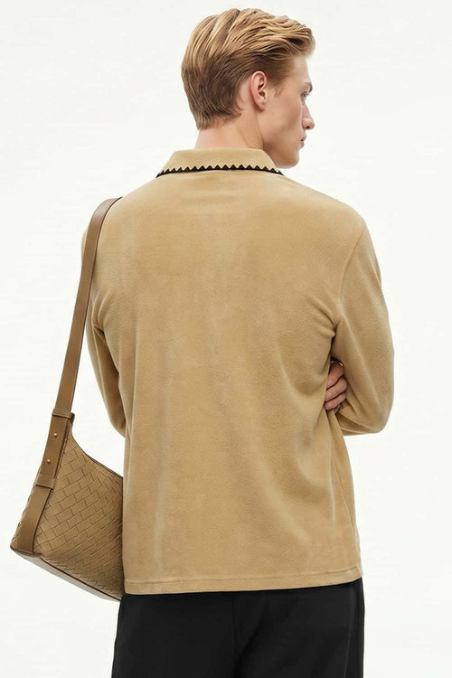 Heavyweight Textured Open-Collar Sweatshirt in Apricot Khaki - rear three-quarter modeled view