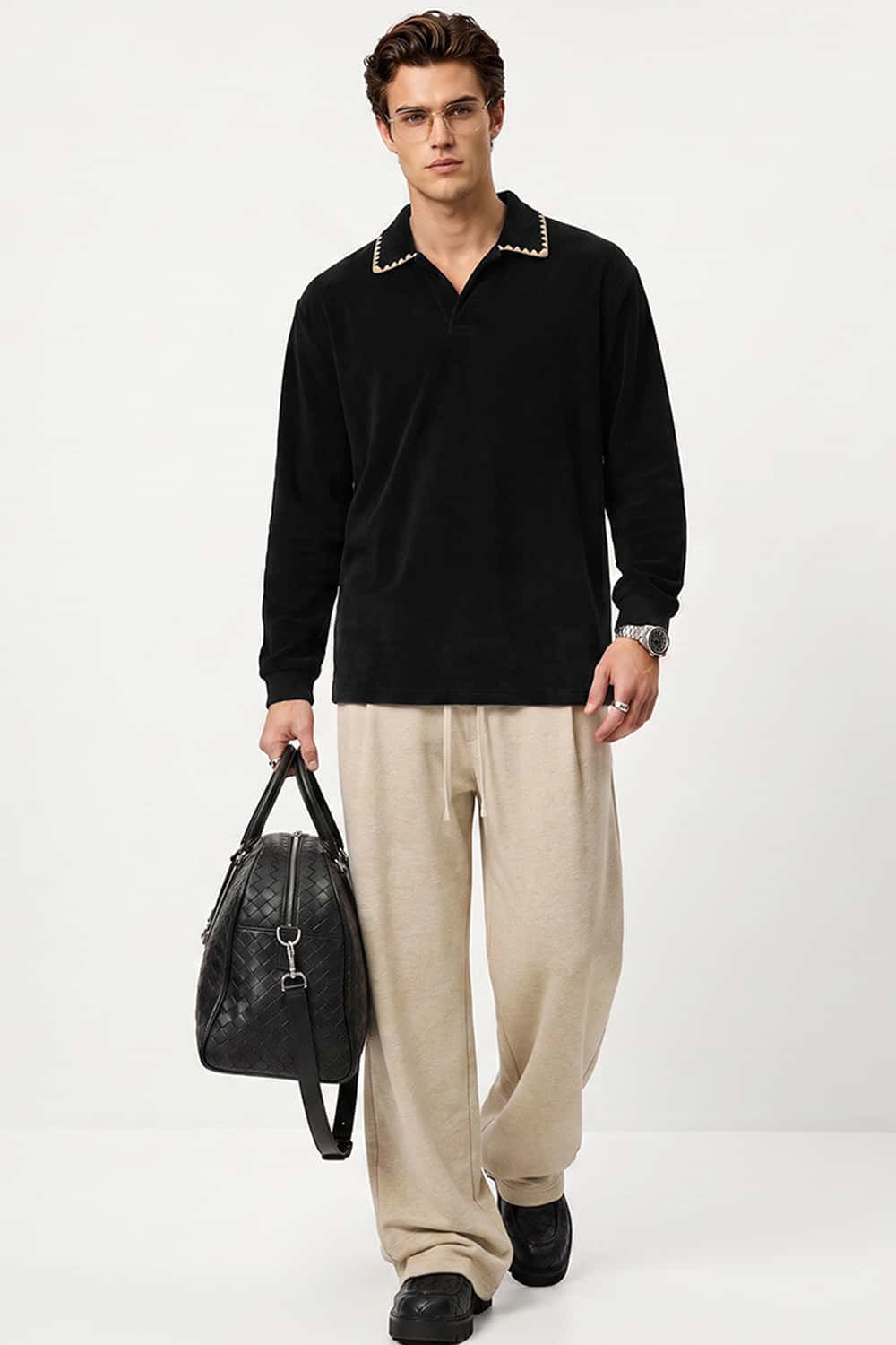 Heavyweight Textured Open-Collar Sweatshirt in Black - full-length front modeled view