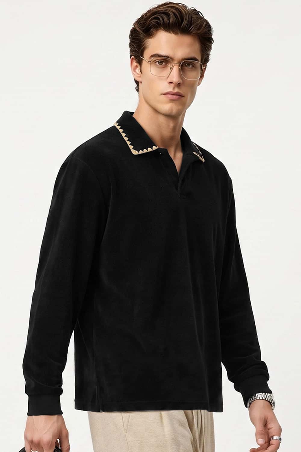 Heavyweight Textured Open-Collar Sweatshirt in Black - three-quarter front modeled view