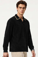 Heavyweight Textured Open-Collar Sweatshirt in Black - three-quarter front modeled view