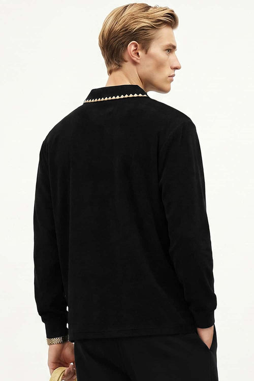 Heavyweight Textured Open-Collar Sweatshirt in Black - rear three-quarter modeled view