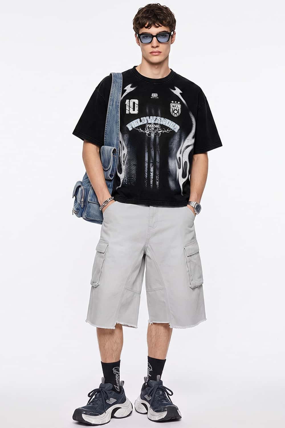Heavyweight Sports-Graphic T-Shirt in Vintage Black - full-length front modeled view