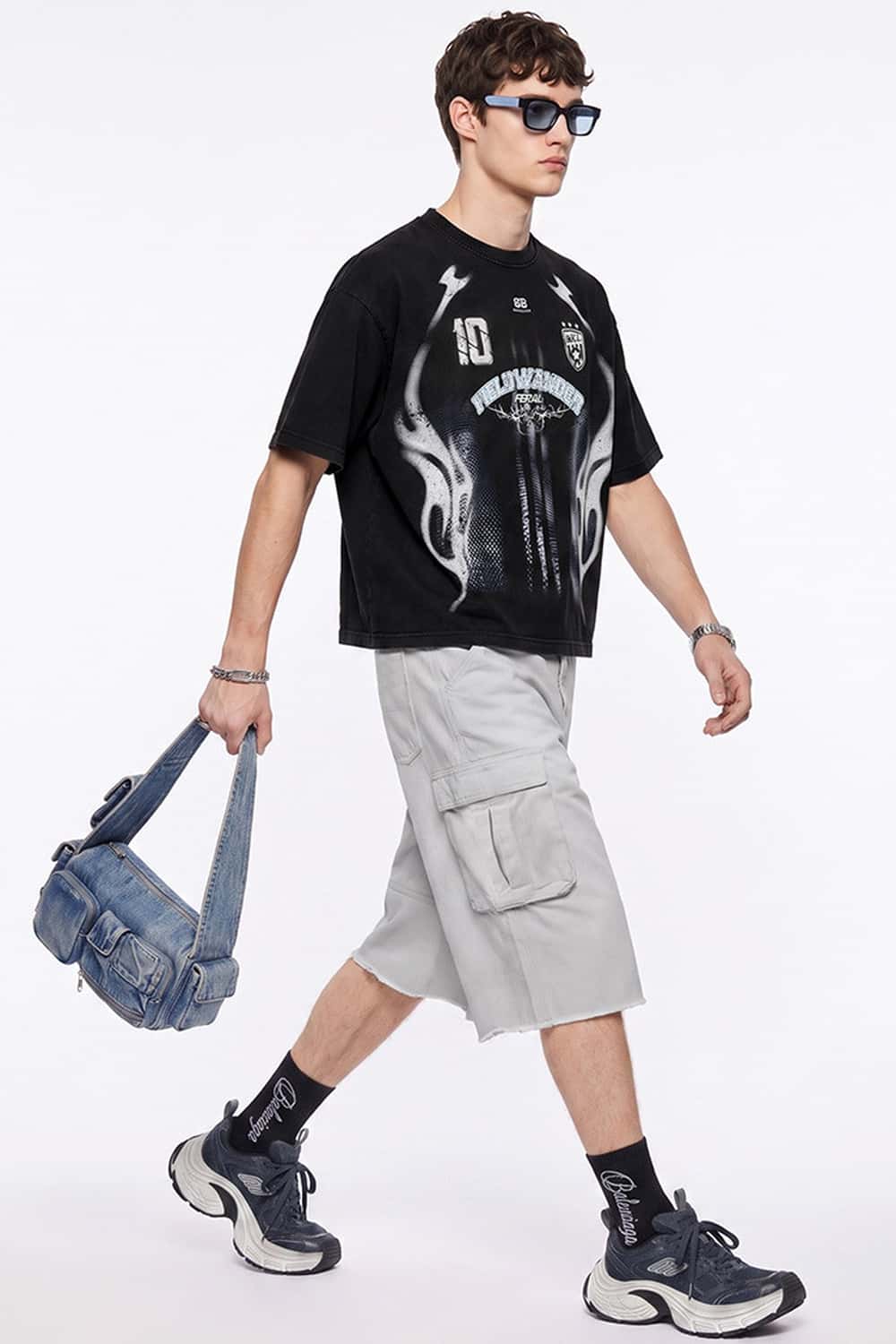 Heavyweight Sports-Graphic T-Shirt in Vintage Black - three-quarter front modeled view