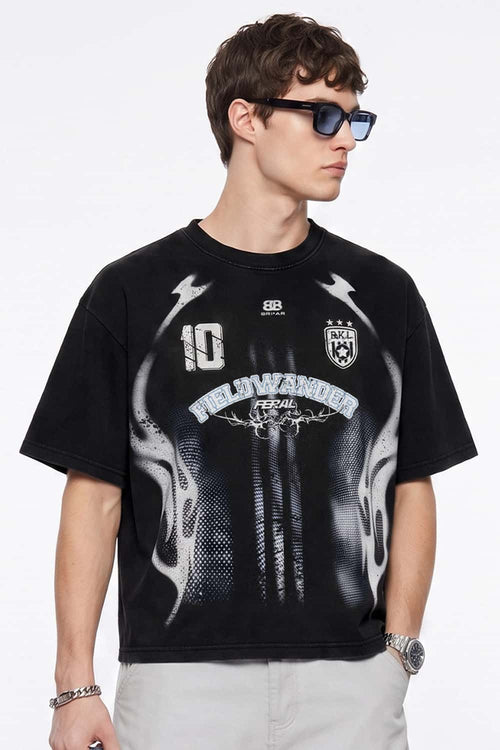 Heavyweight Sports-Graphic T-Shirt in Vintage Black - three-quarter front modeled view