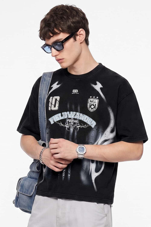 Heavyweight Sports-Graphic T-Shirt in Vintage Black - front modeled view