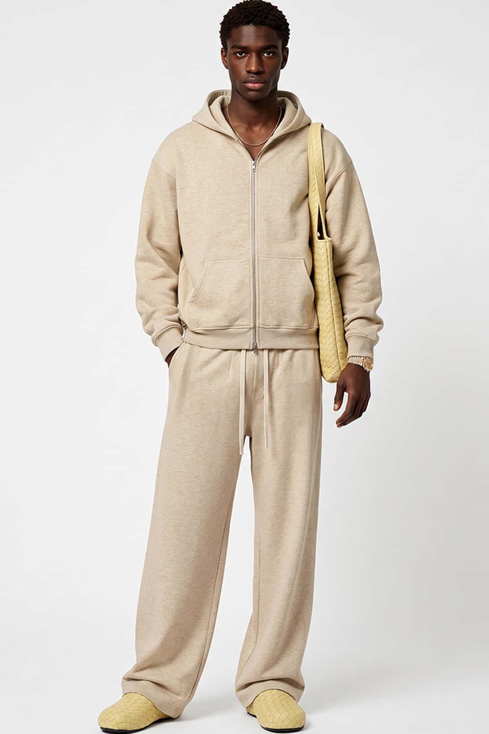 Relaxed Two-Way Zip Hoodie in Apricot - full-length front modeled view