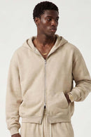 Relaxed Two-Way Zip Hoodie in Apricot - front modeled view