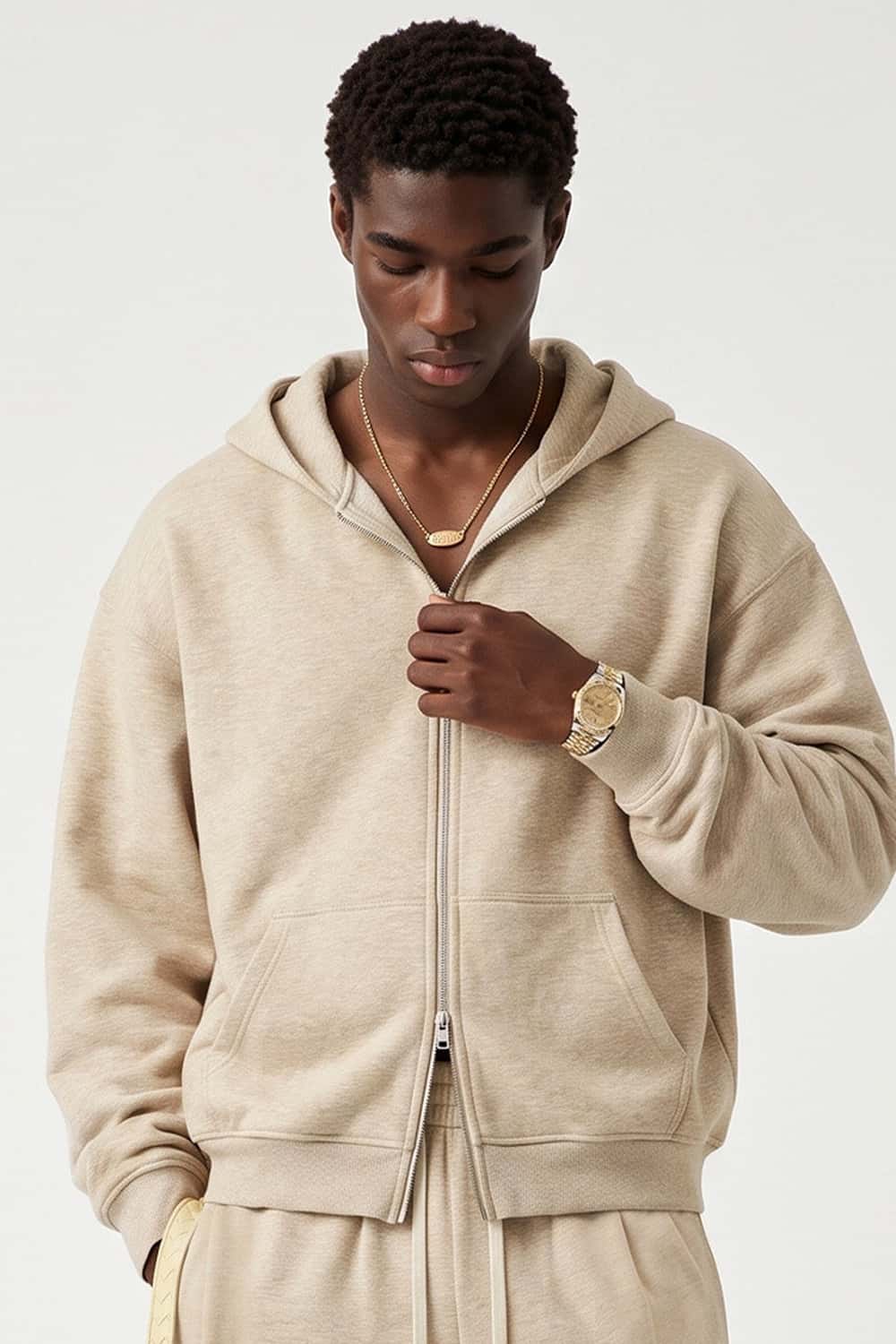 Relaxed Two-Way Zip Hoodie in Apricot - front modeled view
