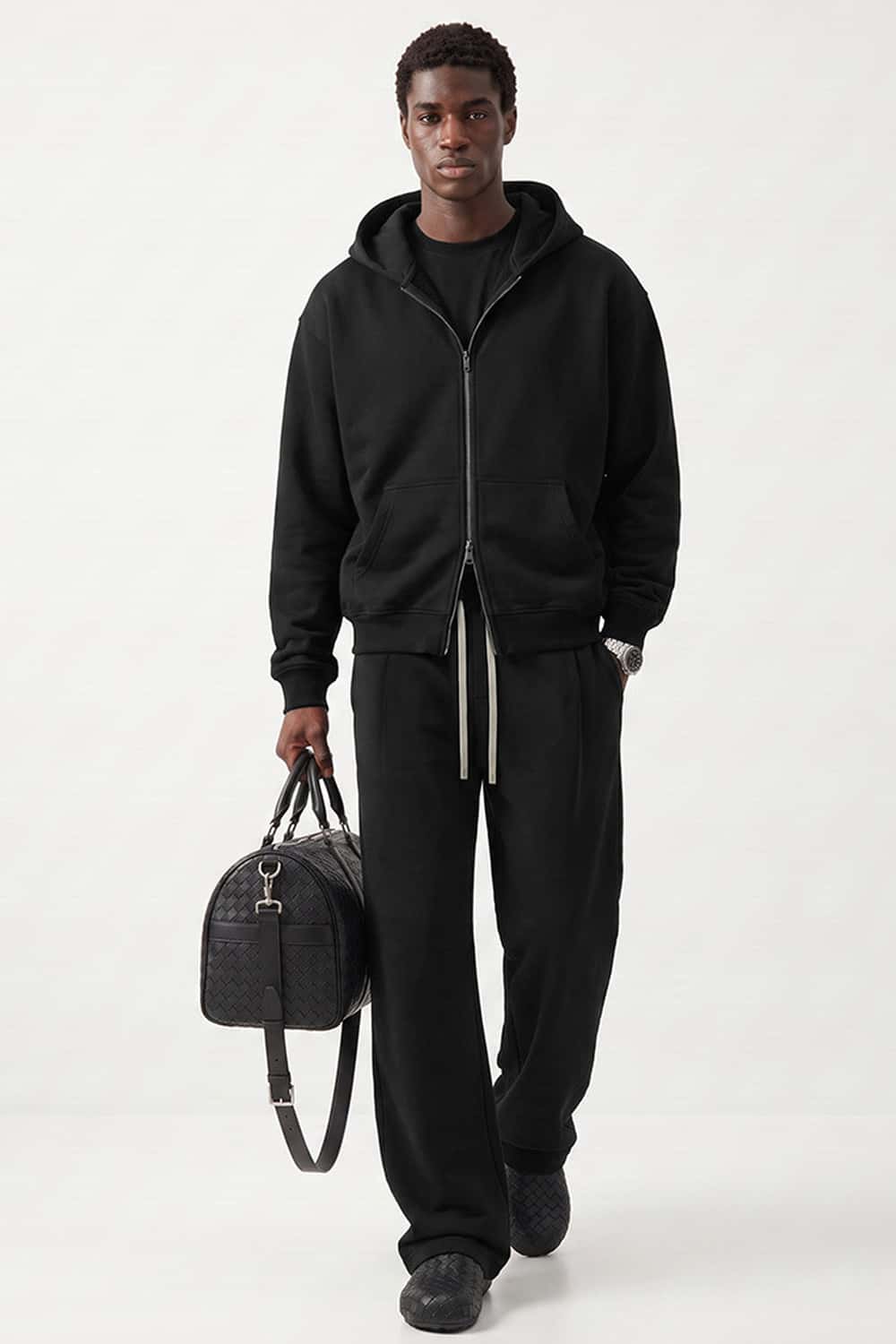 Relaxed Two-Way Zip Hoodie in Black - full-length front modeled view