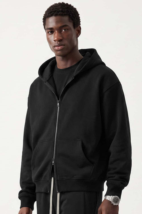 Relaxed Two-Way Zip Hoodie in Black - front modeled view