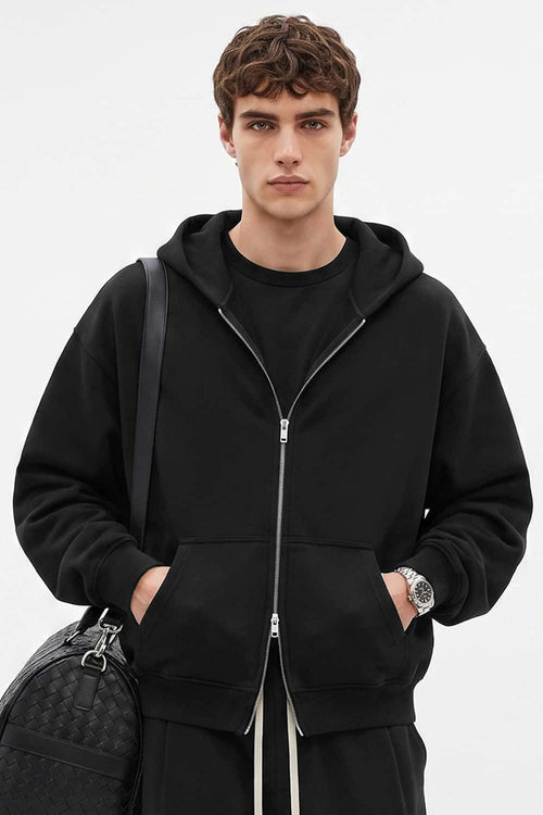 Relaxed Two-Way Zip Hoodie in Black - front modeled view