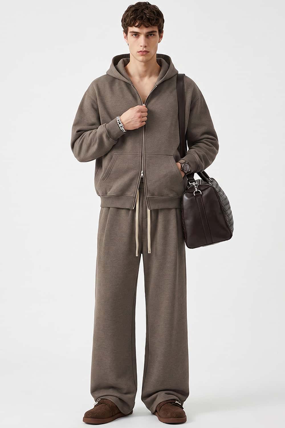 Relaxed Two-Way Zip Hoodie in Coffee - full-length front modeled view