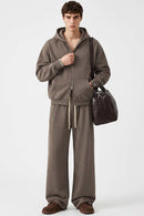 Relaxed Two-Way Zip Hoodie in Coffee - full-length front modeled view