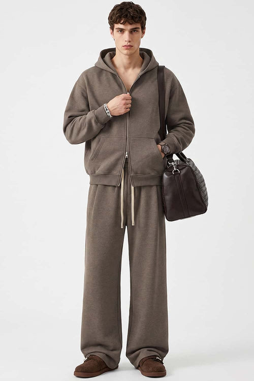Relaxed Two-Way Zip Hoodie in Coffee - full-length front modeled view