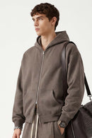 Relaxed Two-Way Zip Hoodie in Coffee - side modeled view