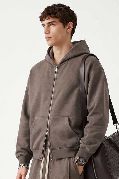 Relaxed Two-Way Zip Hoodie in Coffee - side modeled view