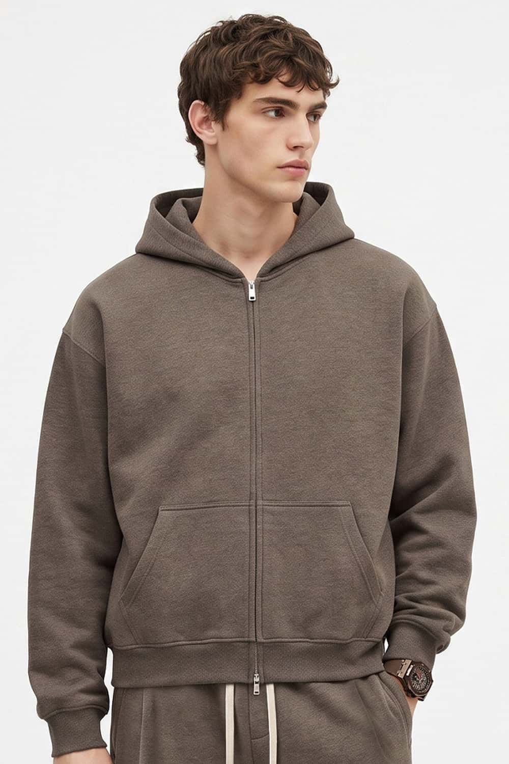 Relaxed Two-Way Zip Hoodie in Coffee - front modeled view