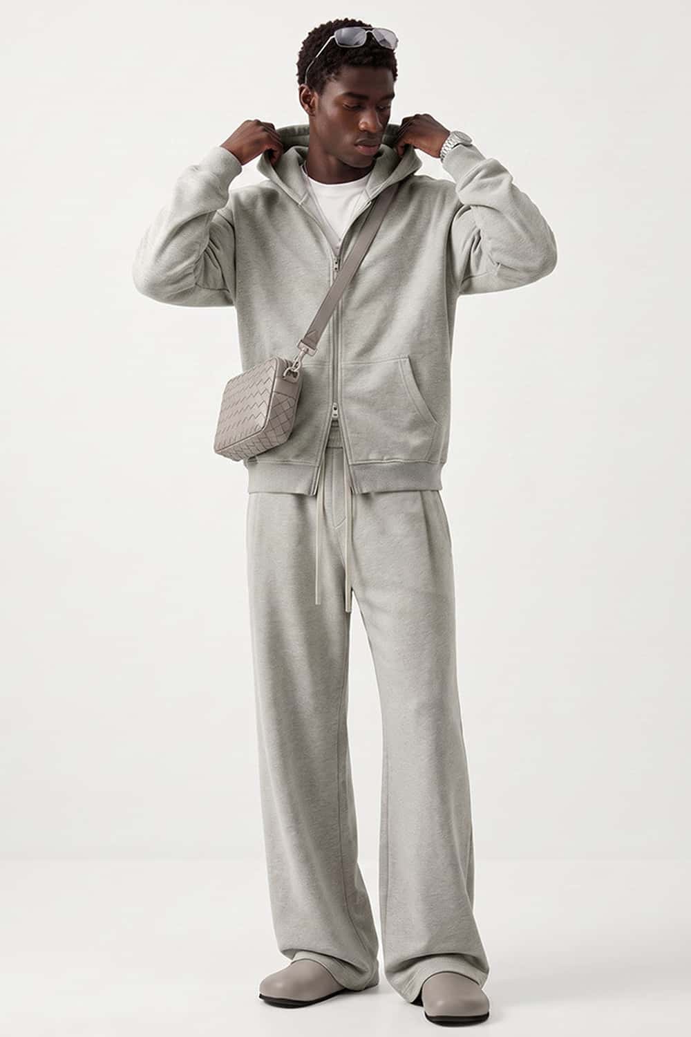 Relaxed Two-Way Zip Hoodie in Oat Gray - full-length front modeled view