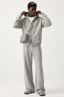 Relaxed Two-Way Zip Hoodie in Oat Gray - full-length front modeled view