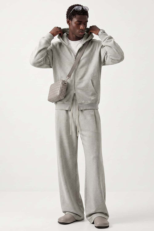 Relaxed Two-Way Zip Hoodie in Oat Gray - full-length front modeled view