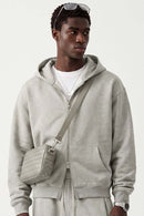 Relaxed Two-Way Zip Hoodie in Oat Gray - front modeled view