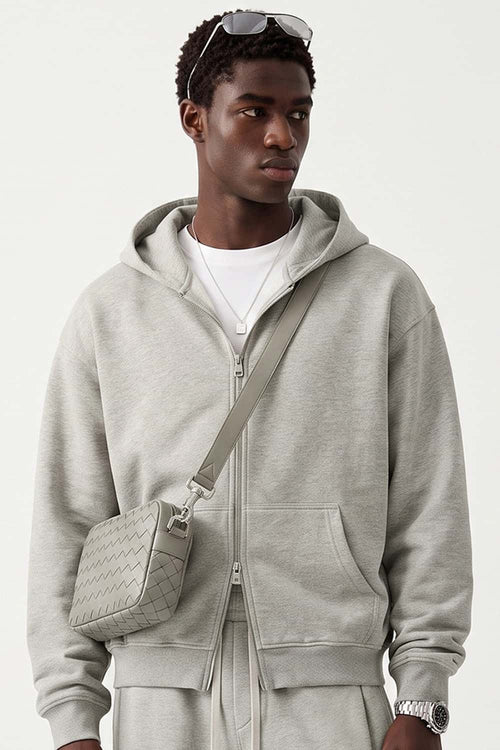 Relaxed Two-Way Zip Hoodie in Oat Gray - front modeled view