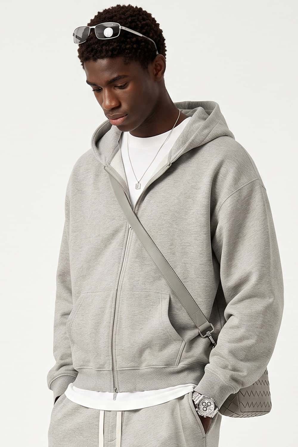 Relaxed Two-Way Zip Hoodie in Oat Gray - front modeled view
