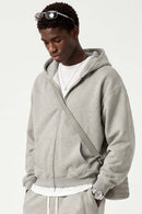 Relaxed Two-Way Zip Hoodie in Oat Gray - front modeled view