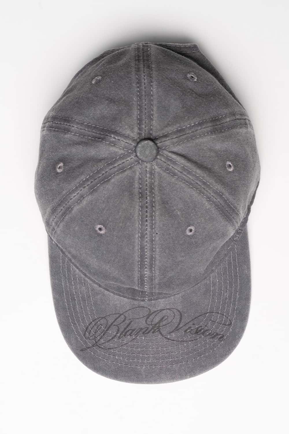 Six-Panel Cotton Baseball Cap with Cursive Artwork on the Brim in Light Gray - flat lay product view
