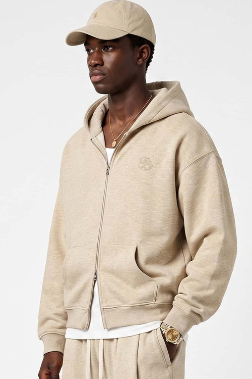 Heavyweight Two-Way Zip Hoodie with Embroidered Emblem in Apricot - three-quarter front modeled view