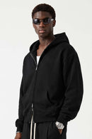 Heavyweight Two-Way Zip Hoodie with Embroidered Emblem in Black - three-quarter front modeled view