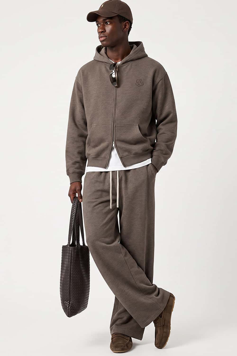 Heavyweight Two-Way Zip Hoodie with Embroidered Emblem in Coffee - full-length front modeled view