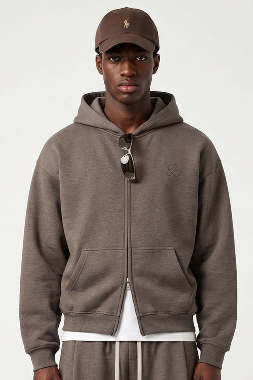 Heavyweight Two-Way Zip Hoodie with Embroidered Emblem in Coffee - front modeled close-up