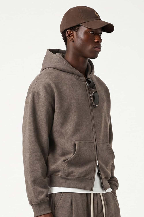 Heavyweight Two-Way Zip Hoodie with Embroidered Emblem in Coffee - side modeled view