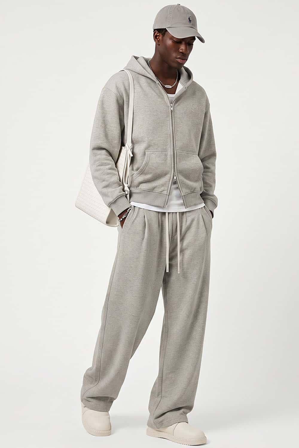 Heavyweight Two-Way Zip Hoodie with Embroidered Emblem in Oat Gray - full-length front modeled view